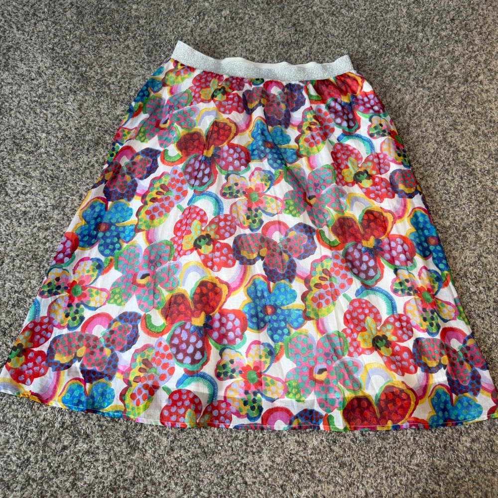 0039 Italy Kyla Floral Midi Skirt White Multicolor Cotton Silver Elastic Waist M